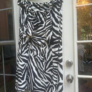WHBM Zebra Jersey Knit Midi Skirt Animal Print Belted Leg Slit Rushed, Sz S